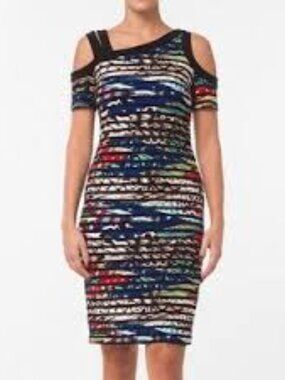 Joseph Ribkoff Off-Shoulder Multicolor Stripe Dress in Black, Blue, Pink, 12